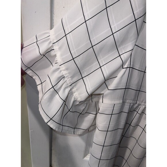 LOFT Ann Taylor Plus Blouse Womens Sz 16 Windowpane Ivory Flare Ruffle Sleeve - Picture 7 of 8